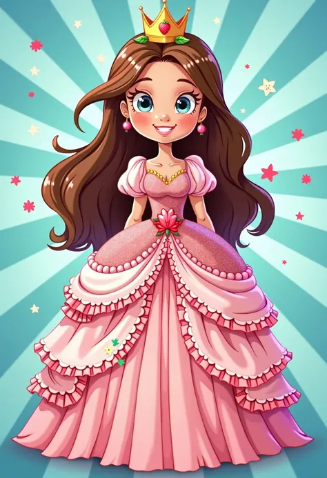 The image features a cartoon princess character. She has long, wavy brown hair and is wearing a sparkling pink dress adorned with flowers and strawberries. The dress has a layered design with a fitted bodice and a full skirt. Atop her head, she wears a gol...