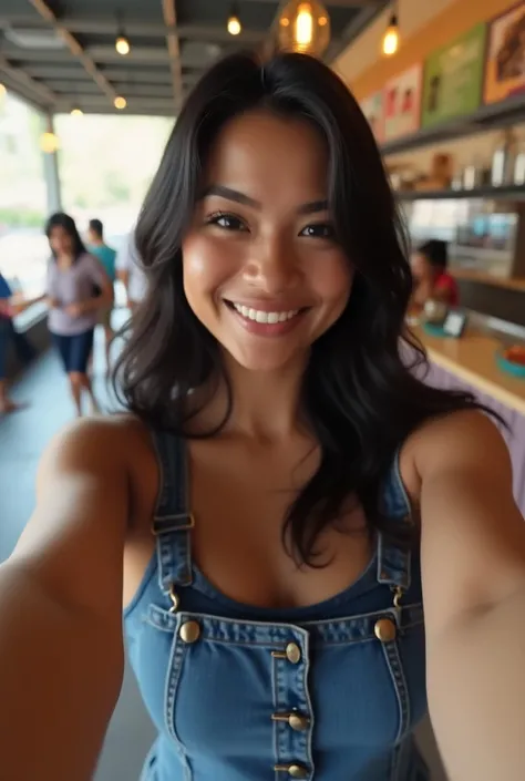 A hyper-realistic selfie of a Latina woman with a fit body, medium-sized breasts, dark skin, and straight black hair. Her face is slim with natural makeup, and she is smiling at the camera. The photo is taken from a POV perspective with a smartphone. She i...