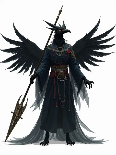 Raven Tengu, traditional japanese concept art，Chinese mythology，（Anthropomorphic crows），Black wings，nigh sky，With a spear in his hand,full body,white back ground