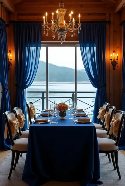  Arrangement in a cabin-style restaurant ,  water view  ,  the decoration has to have fabrics hanging  ,  black hole table and the chairs with gold ribbons , and lights  ,  also add royal blue and silver colors 