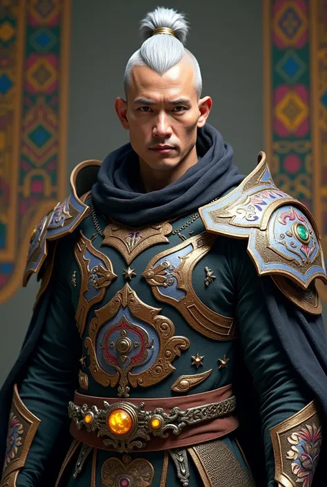 A handsome ,strong, attractive bold & sculp no hair monk male, a native monggol facial features, wearing cyberpunk design complete armor, a nice & clean bold no hair sculp head, silver sculp hair color,  treasure quality clothing color, (wearing a native m...