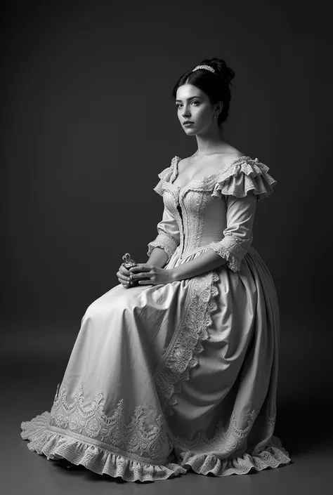 A 1800s europen women sit on a chair wearing a large dress and holding a handbag in his hand on a dark grey background a black and white image