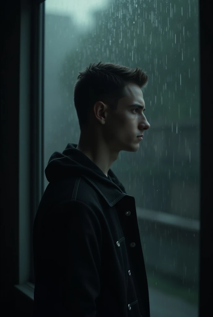 Camera slowly zooms in on the young mans face. He stands up, looks out of the window. The rain shows no sign of stopping, but theres a sense of determination building within him.)
