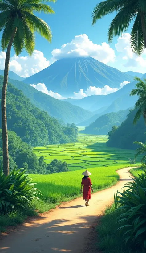 A scenic view of a lush green rice field landscape with terraced hills, a winding road leading towards a majestic mountain in the background, topped with a cloud. A single person in traditional rural attire with a conical hat walks on the road. The scene i...