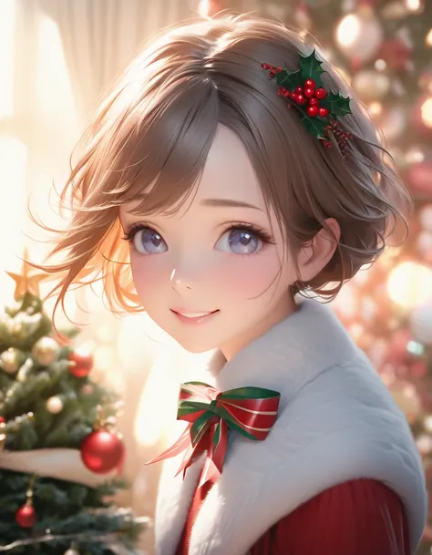 Cute beauty, smiling, shy, light make-up, excellent proportions, gentle background colours, Christmas, soft and calm, shading effect, gradient magic effect, (super detailed, absolute resolution, best quality: 1.3), 2.5D, delicate, dynamic, artistic photogr...