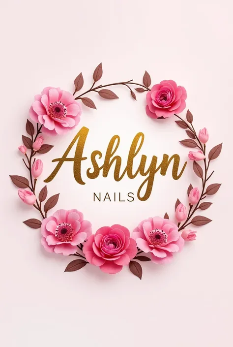 Ashlyn nails logo with gold letters and pink flowers