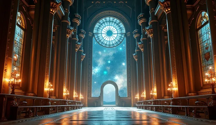 Optimized Prompt for Gothic-Mechanical Religious Architecture with Interstellar View:

Inside a grand, Gothic-inspired hall mixed with metallic and mechanical elements, this hyper-detailed scene captures the essence of an ancient, otherworldly cathedral. T...