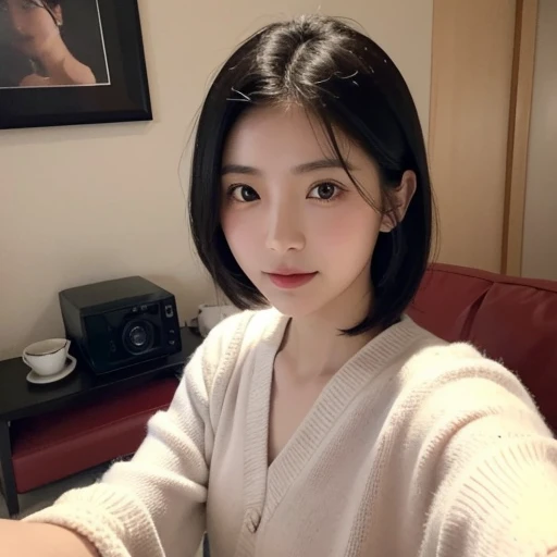 Selfie style、３０Japanese women in their late generation、Black Hair、 beautiful woman with a relaxed atmosphere、 background is a close up shot of the living room 