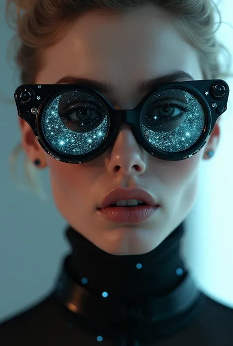 The model is wearing glass sunglasses with stars and the moon on the glass.