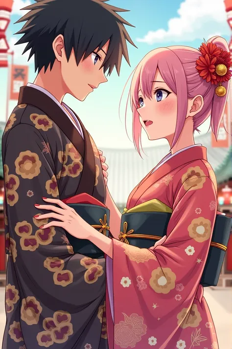 Anime-style drawing of Naruto .  A boy similar to Sasuke in a New Years kimono ,  a girl in a new years kimono similar to Sakura