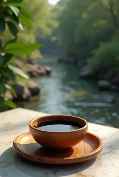 3D rendering, wooden bowl containing black coffee on a table made of burnt wood. masterpiece of wood and green leaves, resembling natural scenery and black river. on a table made of marble. realistic, photography, very detailed.