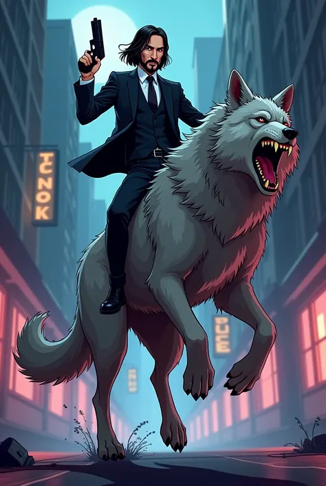 Cartoon Style, John Wick riding a werewolf