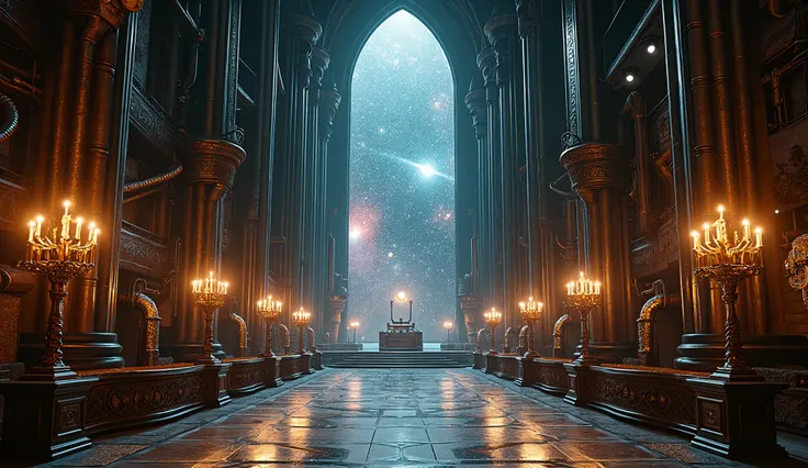 Gothic-Mechanical Religious Architecture with Interstellar View: Inside a grand, Gothic-inspired hall mixed with metallic and mechanical elements, grand window two side, this hyper-detailed scene captures the essence of an ancient, otherworldly cathedral. ...