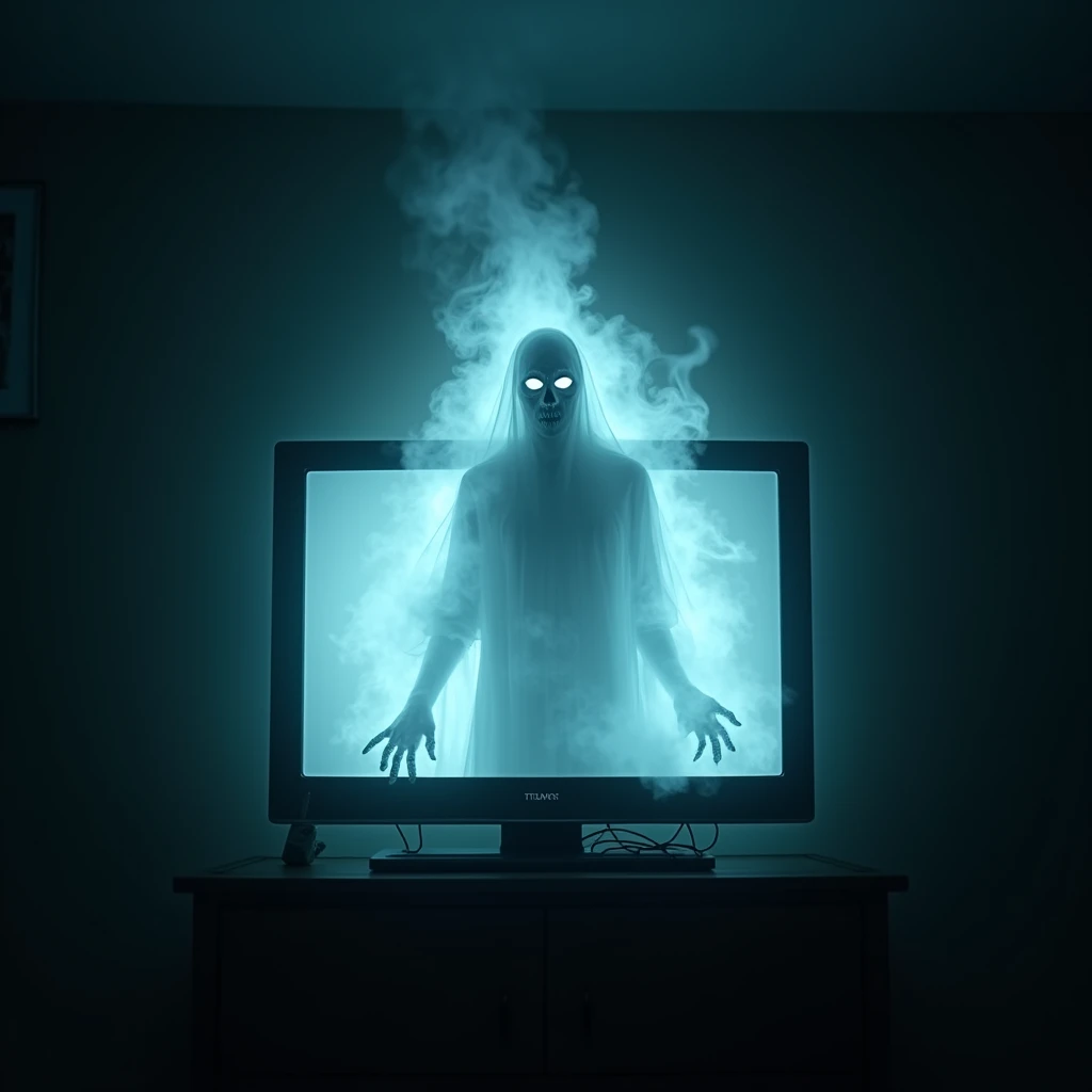 Spectre coming out of the TV, 2005. horror,  supernatural , room with low lighting 