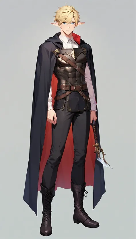 1 boy, pale blonde hair, grey eyes, white skin tone, solo, ((long)) back length straight hair, slender, lithe, slim, slightly elf, pointed ears, handsome, cute face, tall, fully clothed, black tunic, black pants, black boots, dark leather armor plating, kn...