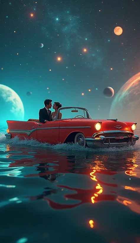 a close up couple in a vintage 1950s car,  in a colorful starry ocean of stars in galaxy, wearing high fashion attire, romantic and dreamy atmosphere, astonishing celestial landscape with planets, stars, neon-like stardust, subtle atmospheric glow, inspire...