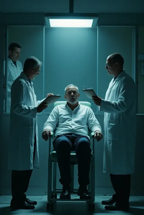 " A laboratory scene with scientists in white lab coats watching through a glass window a man in a restraint chair, while they take notes and discuss ,  with the room illuminated by cold, indirect lights ."