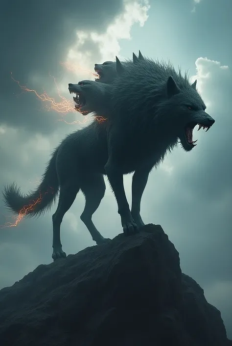 The hybrid wolf-chimera stands on a mountain peak, its multiple heads growling in unison as dark clouds swirl overhead, lightning crackling from its snake tail and flames spewing from its lion mouth.

