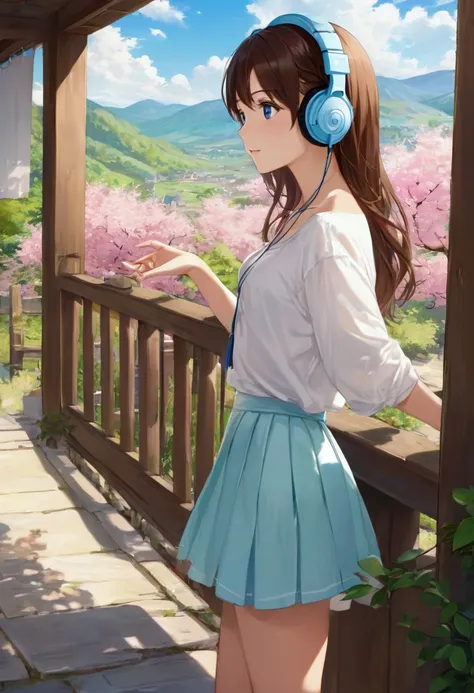 A beautiful anime, cute woman ,blue eyes。 Wearing headphones ,Uebashi , daytime, beautiful scenery, hapiness, hapiness的, Skirts and tops,  with white sneakers ,  look at the other side ,painting, long picture suitable for HD wallpapers ,Unblurry face ,No E...