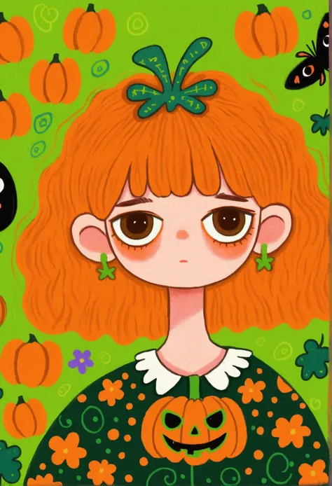 painting of a girl ,  pumpkins and green background，  Halloween art style, Change, 🍁  cute, Hand drawn cartoon style, 🍂  cute,  colorful illustration , Pumpkin Head,  detailed fan art , 2d illustration, 2d illustration, Lo-Fi Girl, Orange Head,  cute detai...