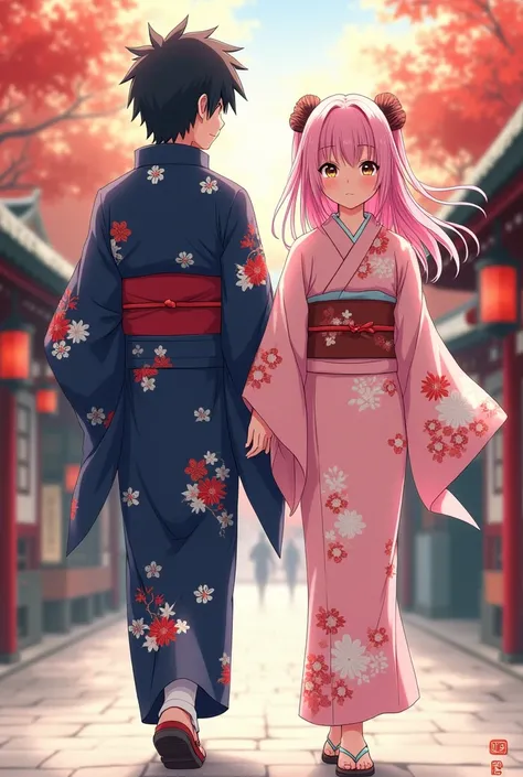 Anime-style drawing of Naruto .  A boy similar to Sasuke in a New Years kimono ,  a girl in a new years kimono similar to Sakura.  Both are heading in the same direction, The boy is nervous  