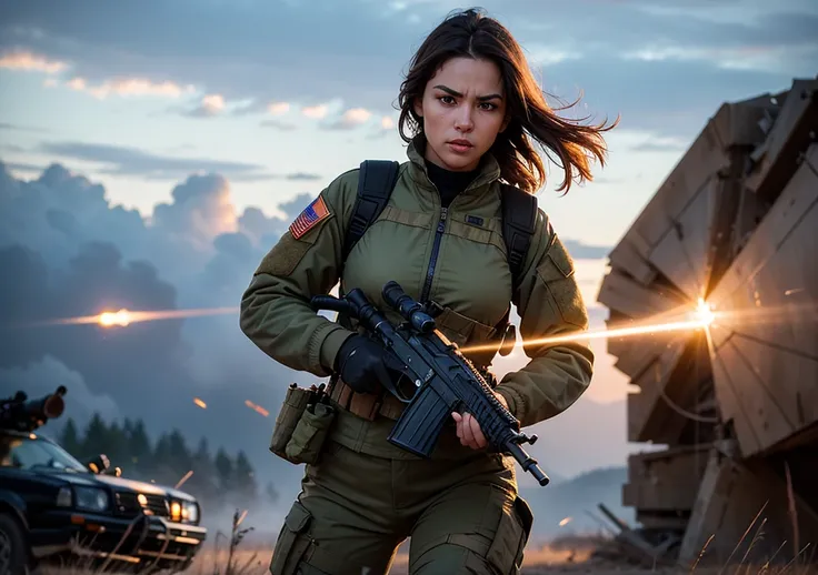 " A soldier with an athletic build and slender figure ,  with tanned skin and messy dark hair that falls around her face .  She wears a tight tactical uniform , worn out by combat ,  with a slightly open jacket that hints at a tight t-shirt underneath .  H...