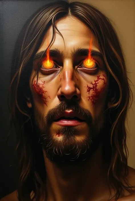 half of Jesus face with flames of fire in his eyes and the skin of his bruised face, Make it look like a painting on canvas