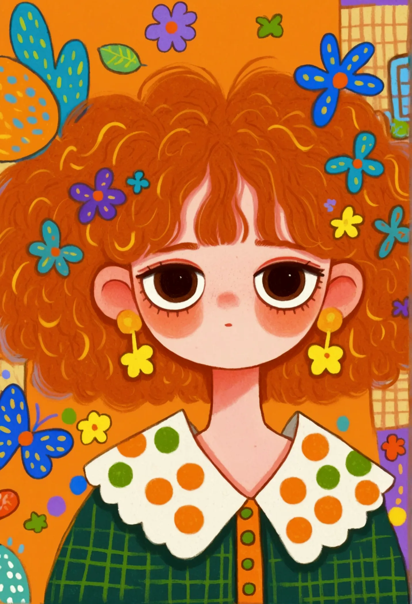 A painting：  cute, Hand drawn cartoon style, 🍂  cute,  colorful illustration , white collar,  detailed fan art , 2d illustration, 2d illustration, Lo-Fi Girl, Orange Head,  cute detailed artwork