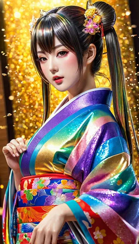 Attractive and sexy look,  Twin Tails,Real Japanese women、 shiny skin、 shiny lips、 Wearing an open rainbow-colored colorful Japanese kimono , art, (Super detailed,  absolute resolution  , Best Quality:1.3), 2.5D, Delicate and dynamic effects , Shimmering g...