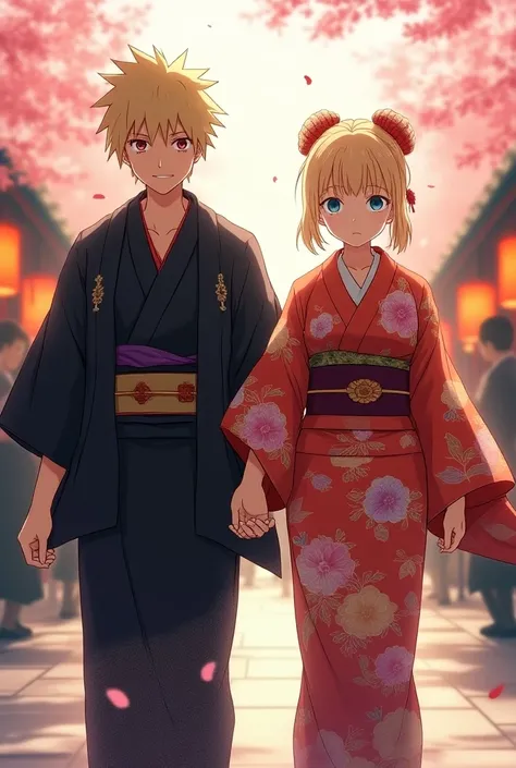 Anime-style drawing of Naruto .  A boy similar to Sasuke in a New Years kimono , a girl in a New Years kimono looking like Sakura with blond hair tied up.  Both are heading in the same direction, The boy is nervous  