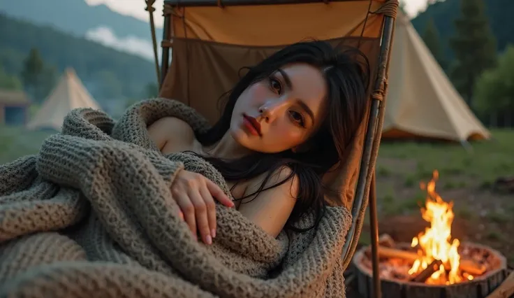 beautiful korean woman, black long hair, big breasts, bra, wrapped in a soft blanket, facing camera, sleeping in a chair at night, forests with tall trees, mountains in the background, camping tents, bonfire, photorealistic, highly detailed