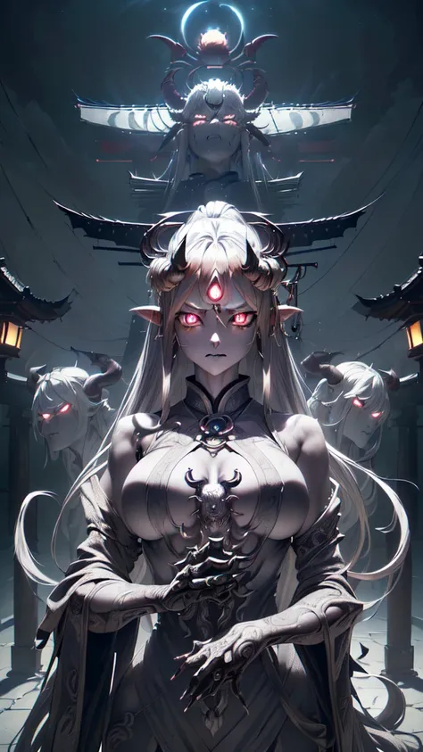 (((narrowed eyes))((red glowing eyes))((long silver hair))(demon horns)(medium chest)(unbuttoned kimono)(destruction (masterpiece:1.2),best quality,high resolution,unity 8k wallpaper,(illustration:0.8),(beautifully detailed eyes:1.6),highly detailed face,p...