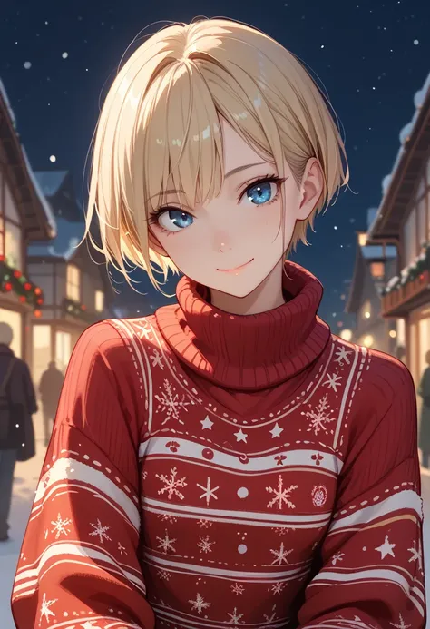 １A woman in her 30s、 close-up、 very short cut hair 、 blue eyes、Blonde、closed-mouth smile、( small breasts)、 far into the cheek、 Slim Body 、 loose purple knit sweater、 Christmas、night