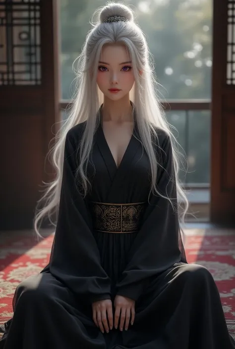 in a semi realistic Danmei style.
 
Woman with a goddess-like appearance,tall medium breasted .
 Long, loose white hair.
 heart shaped face .
Jewel purple eyes .
Cupids lips.
 Thick, outlined eyebrows .
Dressed in an old black hangfu Wuxia style .
 The wom...