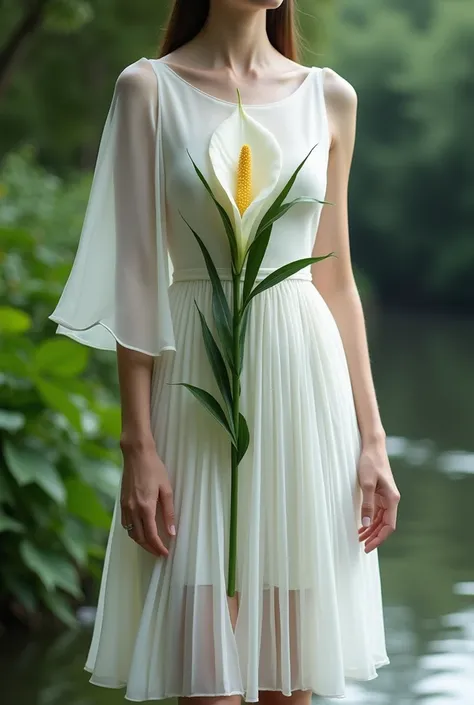 You can create a short dress with the flower of the peace lily made of the same fabric with the pleated chiffon skirt and sleeve
