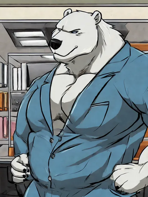 polar bear, big muscles, blue suit,  blue eyes , office, smirk, office background