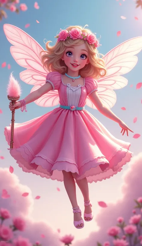 1girl, wearing fairy tale outfit is pink cristel, girl flying on air, girl are cristel wings pink, pink lipstick, cute face, cute smiling, arms raised, girls hand on magic stick, outfit is perfect combination, looking at viewer, pink flower crown on head, ...