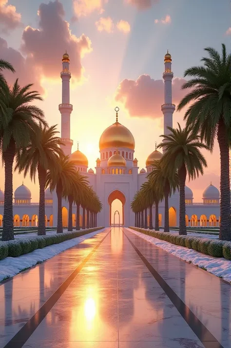 "A grand, majestic mosque at sunset with golden domes and tall minarets. The mosque is framed by palm trees on both sides of a polished marble pathway. The sky is a blend of warm pink, orange, and blue hues, casting a soft, golden glow on the mosque. Snow ...