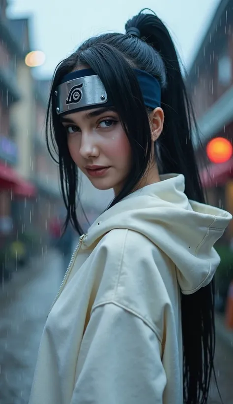 Close up portrait of a woman imitating the character Hinata Hyuga from the anime series Naruto Shippuden, Hinata Hyugas costume is a white hoodie, she is standing in the rain, Konoha headband. With her head turned to the side and her eyes looking directly ...