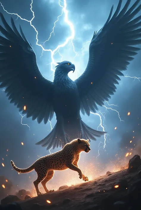  A sleek cheetah with crackling lightning around its paws faces a gigantic thunderbird, its wings charged with thunder and sparks. The air is thick with static energy, and the ground trembles beneath them.
