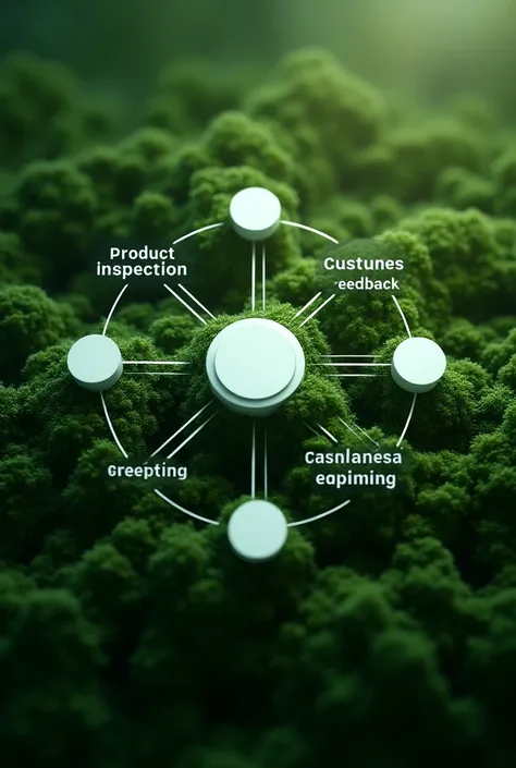 create a simple and visible circuit with the names:  product inspection , quality of service ,  customer feedback and continuous training with moss green details 