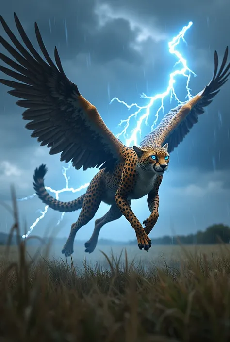 
The cheetah-thunderbird hybrid runs through a storm-lashed savanna, lightning shooting from its wings as thunder rumbles in the distance. Its electric-blue eyes blaze as it streaks across the darkened horizon.