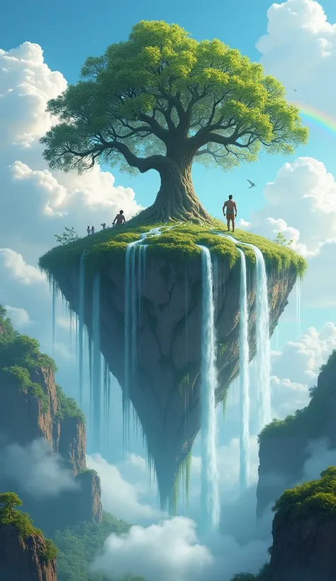 A floating island with waterfalls that cascade into the clouds, with an enormous tree growing at the center.