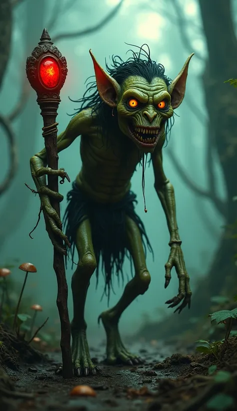 Generate an ultra-realistic, high-resolution 18K image of a terrifying, malevolent goblin. This creature has an emaciated, twisted body with leathery, sickly green skin covered in scars and warts. Its sharp, jagged teeth are bared in a sinister grin, and i...