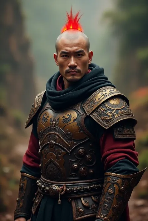 A handsome ,strong, attractive bold & sculp no hair monk male, a native monggol facial features, wearing cyberpunk design complete armor, a nice & clean bold no hair sculp head, red brimstone sculp hair color,  treasure quality clothing color, (wearing a n...