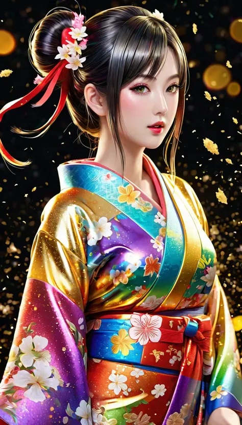 Attractive and sexy look,  Twin Tails,Real Japanese women、 shiny skin、 shiny lips、 Wearing an open rainbow-colored colorful Japanese kimono , art, (Super detailed,  absolute resolution  , Best Quality:1.3), 2.5D, Delicate and dynamic effects , Shimmering g...