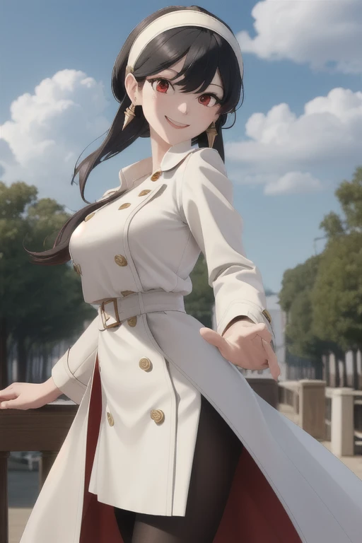 masterpiece, best quality, highres, bbyorf, short hair with long locks, white hairband, red eyes, gold earrings, large breasts, jewelry, white trench coat, black pantyhose, outdoors, standing cowboy shot, smile,
