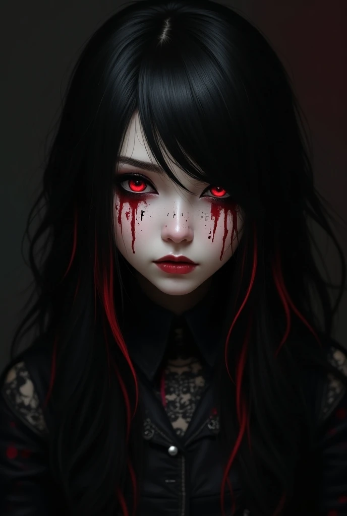  babygirl beautiful pale goth girl, long black and red emo hair, dark emo makeup, red eyes,  she’s wearing a purple hateful words on her face F off useless unwanted