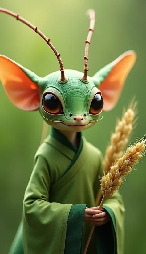 Portrait，grasshopper essence，, insect elves in Chinese mythology ，Sly face， have bright eyes ，, tentacles on the top of the head ，Wearing a green Hanfu ，Holding an ear of rice。 His image combines the agility and wit of grasshoppers， reflects the vitality o...