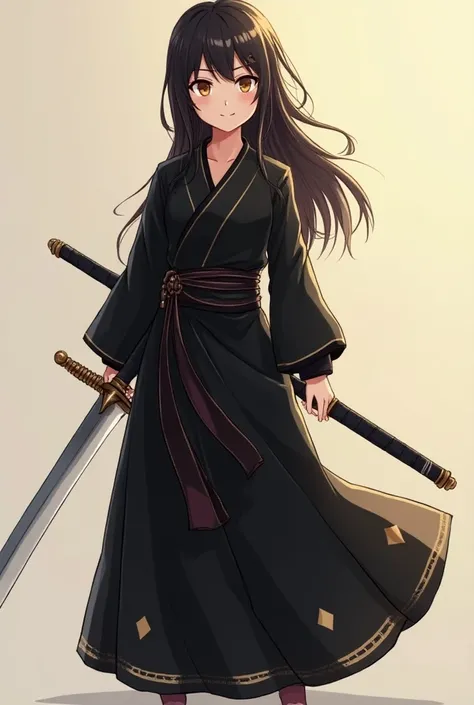 Beautiful anime girl with golden eyes and black hair and black indian style worrior clothes in standing pose full body coverd with clothes in full body pose and smiley cute face Anime, full body cover with clothes and one sword and  modern Warrior clothes